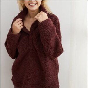 Aerie Cloud Sherpa Oversized Pullover Maroon Burgundy Red Sweatshirt Size XXL